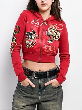 Ed Hardy Eagle Tiger Red Cropped Zip Hoodie Size M NWOT